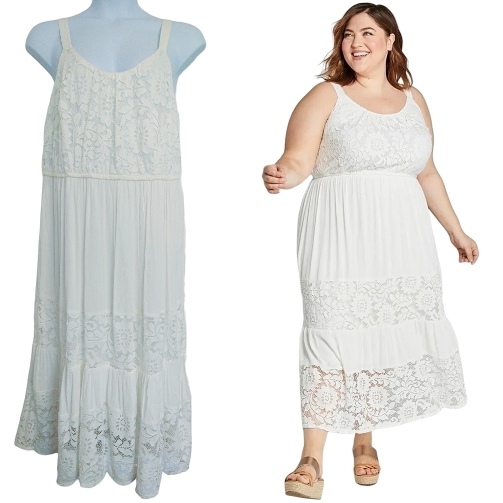 Lane Bryant NWT Ivory Floral Lace Tiered Sleeveless Midi Dress Wedding Guest